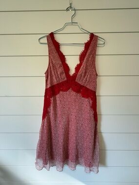 Topshop Red Lace-Trim Slip Dress Floral 90s Delicate Wedding Guest Size 6